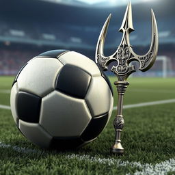 A 3D render featuring a dynamic scene with a detailed soccer ball and an ornate trident