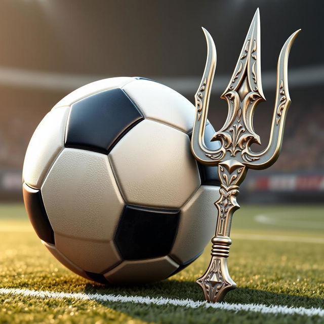 A 3D render featuring a dynamic scene with a detailed soccer ball and an ornate trident