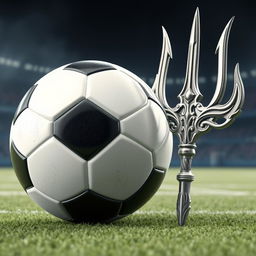 A 3D render featuring a dynamic scene with a detailed soccer ball and an ornate trident