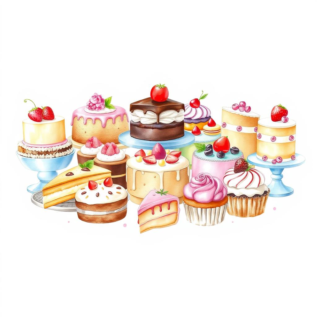 A delightful array of delicious desserts artfully arranged as a centerpiece for a bakery logo, including an assortment of cakes, pastries, and cupcakes