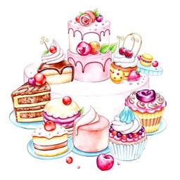 A delightful array of delicious desserts artfully arranged as a centerpiece for a bakery logo, including an assortment of cakes, pastries, and cupcakes