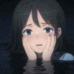 A melancholic scene of an anime girl emotionally crying, submerged in deep, dark waters.