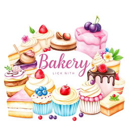 A delightful array of delicious desserts artfully arranged as a centerpiece for a bakery logo, including an assortment of cakes, pastries, and cupcakes