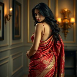 A stunning, sensual woman wearing an exquisite saree