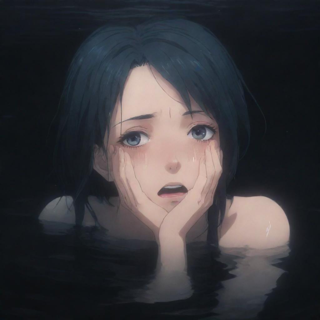 A melancholic scene of an anime girl emotionally crying, submerged in deep, dark waters.