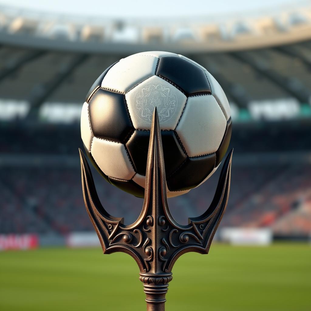 A striking 3D scene depicting a soccer ball balanced atop an ornate trident