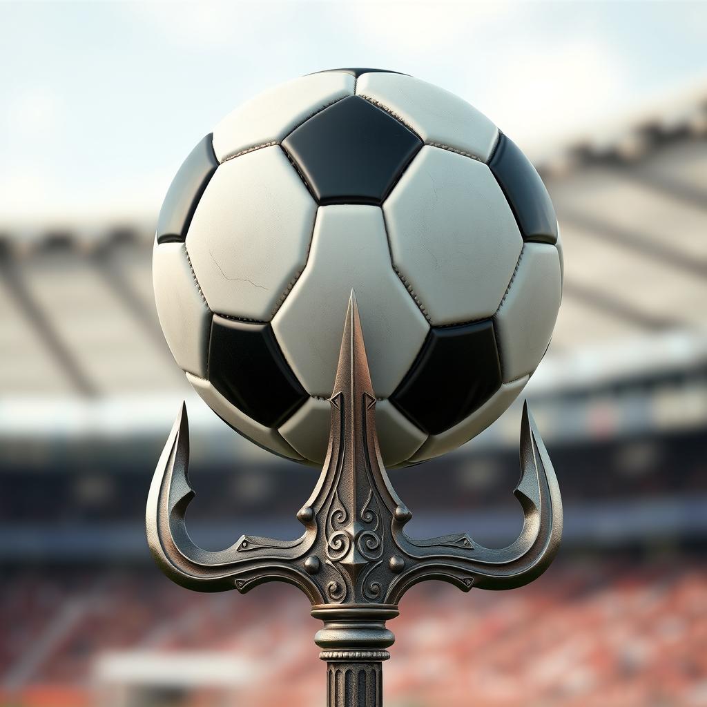 A striking 3D scene depicting a soccer ball balanced atop an ornate trident