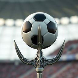 A striking 3D scene depicting a soccer ball balanced atop an ornate trident