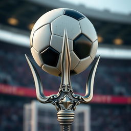 A striking 3D scene depicting a soccer ball balanced atop an ornate trident