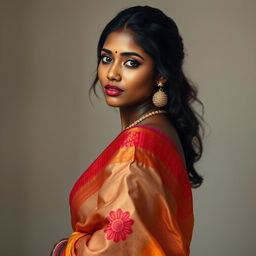 An Indian woman with an alluring, traditional appearance stands elegantly, wrapped in a vibrant saree