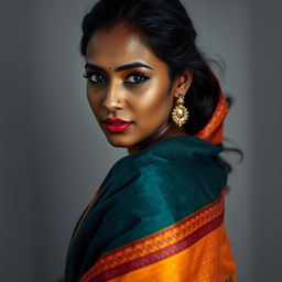 An Indian woman with an alluring, traditional appearance stands elegantly, wrapped in a vibrant saree