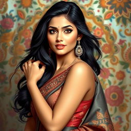 A beautiful South Asian woman, exuding confidence and charm, dressed in a traditional sari that gracefully accentuates her figure