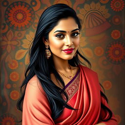 A beautiful South Asian woman, exuding confidence and charm, dressed in a traditional sari that gracefully accentuates her figure