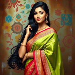 A beautiful South Asian woman, exuding confidence and charm, dressed in a traditional sari that gracefully accentuates her figure