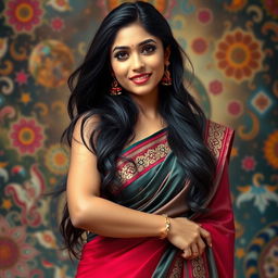 A beautiful South Asian woman, exuding confidence and charm, dressed in a traditional sari that gracefully accentuates her figure