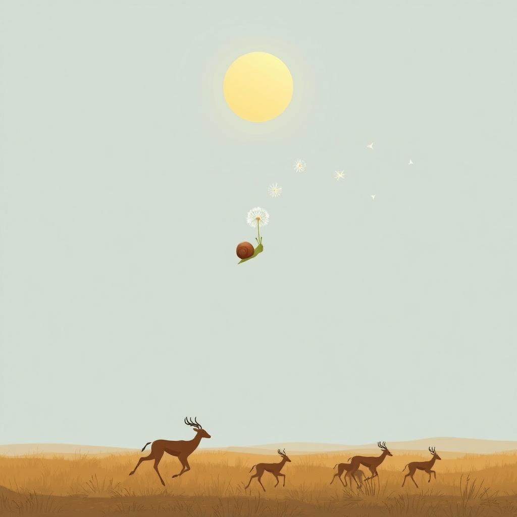 In the early morning as the sun rises, a snail dangles beneath dandelion seeds floating in the air, with antelopes running across the grassland below, all illustrated in Jon Klassen's distinctive style