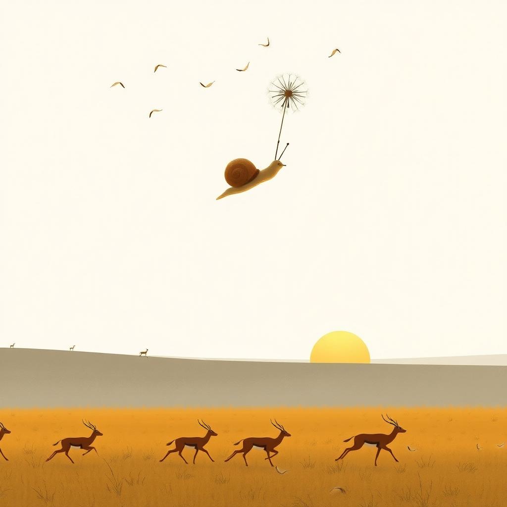 In the early morning as the sun rises, a snail dangles beneath dandelion seeds floating in the air, with antelopes running across the grassland below, all illustrated in Jon Klassen's distinctive style