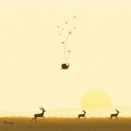 In the early morning as the sun rises, a snail dangles beneath dandelion seeds floating in the air, with antelopes running across the grassland below, all illustrated in Jon Klassen's distinctive style