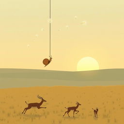 In the early morning as the sun rises, a snail dangles beneath dandelion seeds floating in the air, with antelopes running across the grassland below, all illustrated in Jon Klassen's distinctive style