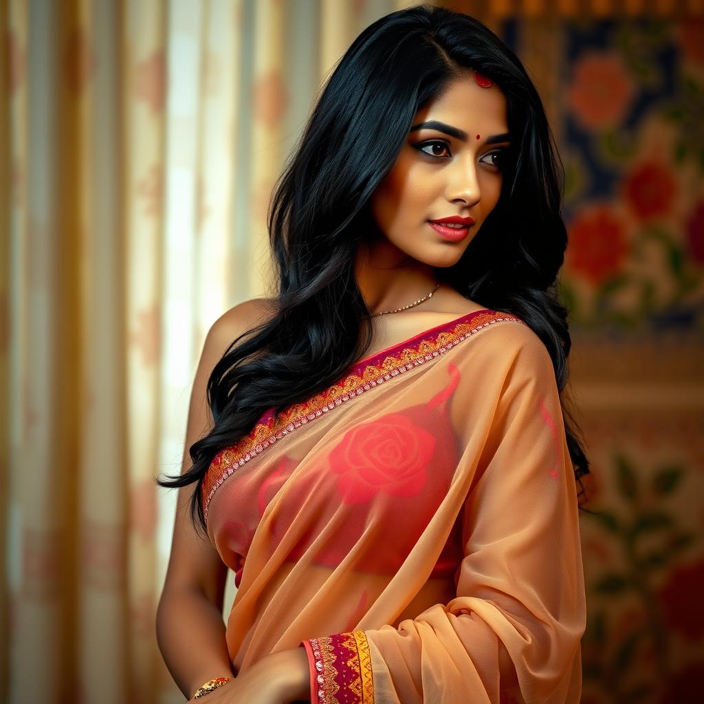 A stunning Indian woman adorned in a beautifully draped sari, her poise and elegance are highlighted as the sheer fabric teasingly reveals her figure