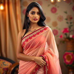 A stunning Indian woman adorned in a beautifully draped sari, her poise and elegance are highlighted as the sheer fabric teasingly reveals her figure