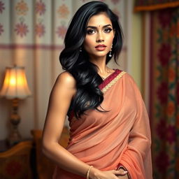 A stunning Indian woman adorned in a beautifully draped sari, her poise and elegance are highlighted as the sheer fabric teasingly reveals her figure