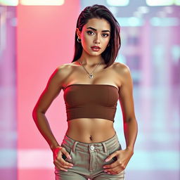 A stylish and attractive woman dressed in very low-rise pants and a trendy crop top that perfectly showcases her navel piercing