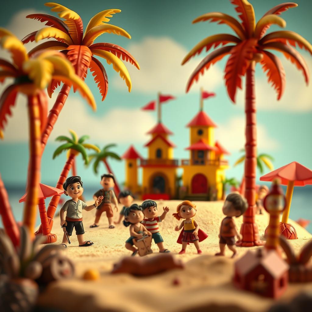 A whimsical and vibrant stop-motion animation setting on a tropical paradise island