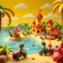 A whimsical and vibrant stop-motion animation setting on a tropical paradise island