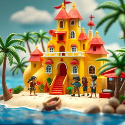 A whimsical and vibrant stop-motion animation setting on a tropical paradise island