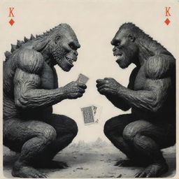 Godzilla and King Kong sitting across each other playing cards. Their monstrous forms are contrasted by the inherent humor and normalcy of the card game.