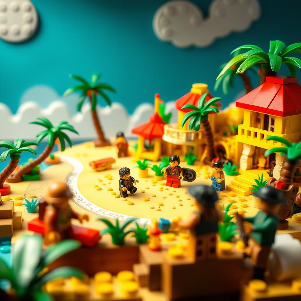 A stop-motion animation scene of a whimsical and vibrant tropical LEGO island paradise