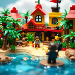 A stop-motion animation scene of a whimsical and vibrant tropical LEGO island paradise