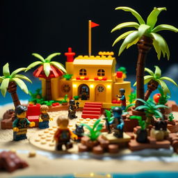 A stop-motion animation scene of a whimsical and vibrant tropical LEGO island paradise