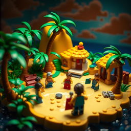 A stop-motion animation scene of a whimsical and vibrant tropical LEGO island paradise