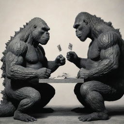 Godzilla and King Kong sitting across each other playing cards. Their monstrous forms are contrasted by the inherent humor and normalcy of the card game.