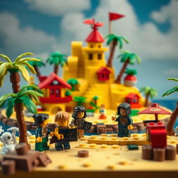 An imaginative stop-motion animation scene showcasing a whimsical and vibrant tropical LEGO island paradise