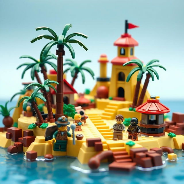 An imaginative stop-motion animation scene showcasing a whimsical and vibrant tropical LEGO island paradise