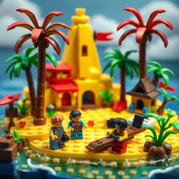 An imaginative stop-motion animation scene showcasing a whimsical and vibrant tropical LEGO island paradise