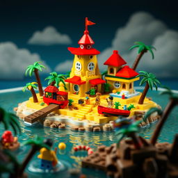 An imaginative stop-motion animation scene showcasing a whimsical and vibrant tropical LEGO island paradise