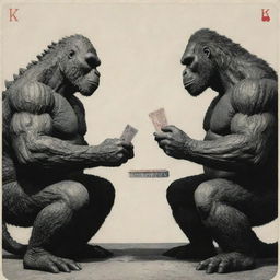 Godzilla and King Kong sitting across each other playing cards. Their monstrous forms are contrasted by the inherent humor and normalcy of the card game.