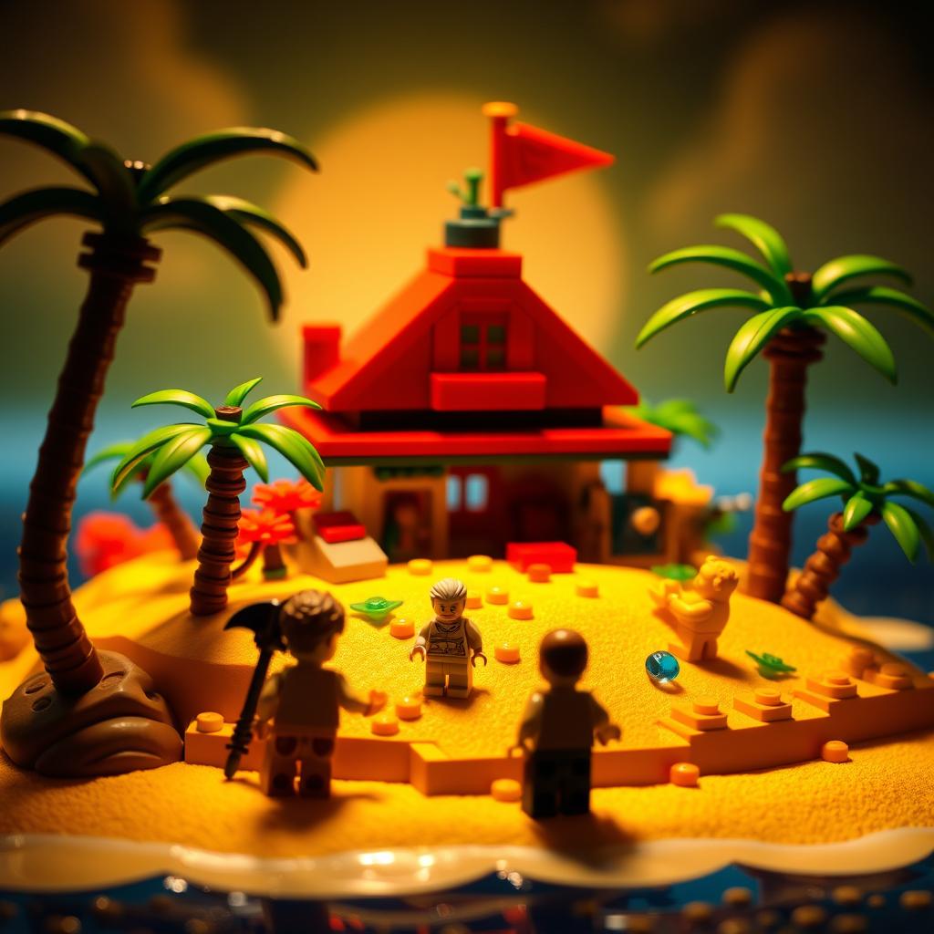 A stop-motion animated scene of a small tropical LEGO island paradise, encompassing the genres of adventure, comedy, fantasy, and thriller