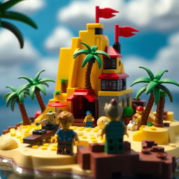 A stop-motion animated scene of a small tropical LEGO island paradise, encompassing the genres of adventure, comedy, fantasy, and thriller