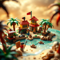 A stop-motion animated scene of a small tropical LEGO island paradise, encompassing the genres of adventure, comedy, fantasy, and thriller