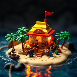 A stop-motion animated scene of a small tropical LEGO island paradise, encompassing the genres of adventure, comedy, fantasy, and thriller