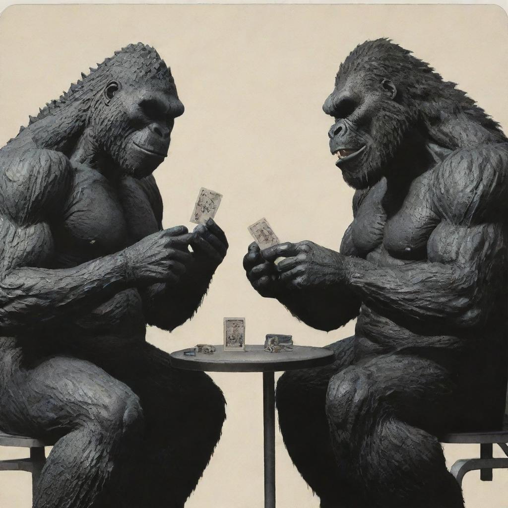 Godzilla and King Kong sitting across each other playing cards. Their monstrous forms are contrasted by the inherent humor and normalcy of the card game.