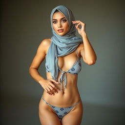 A beautiful woman wearing a hijab paired with a sexy bikini, showcasing her captivating figure and posing seductively