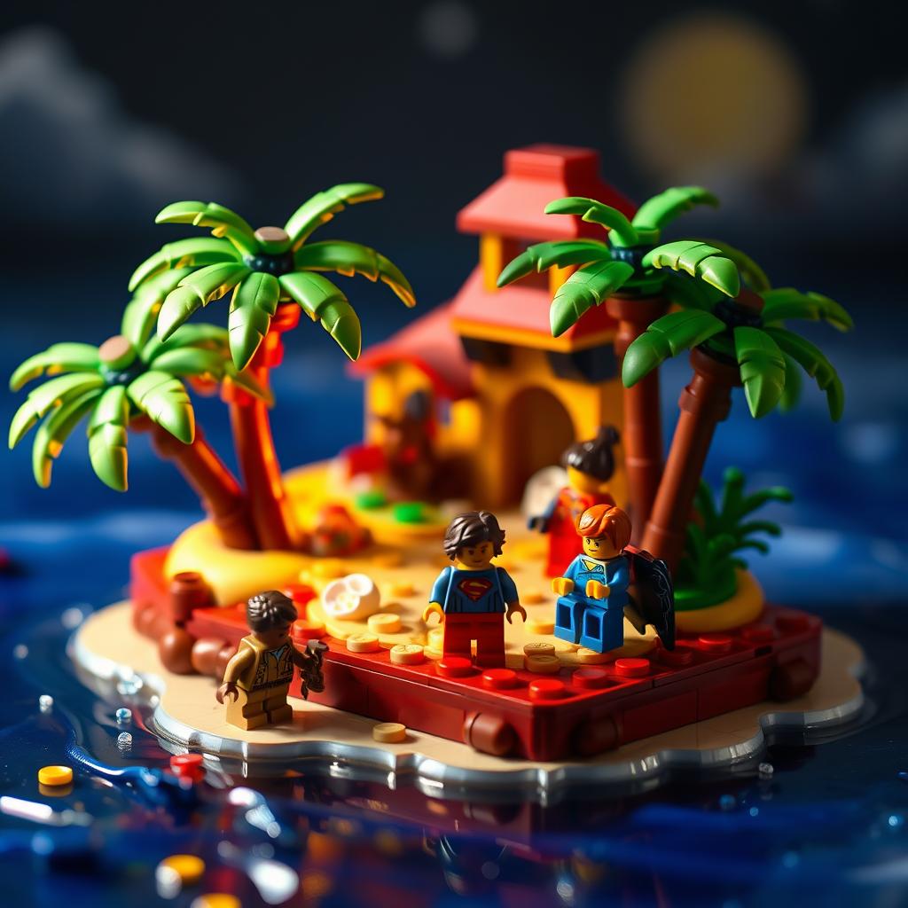 A stop-motion animation scene featuring a whimsical and vibrant small tropical LEGO island