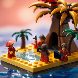 A stop-motion animation scene featuring a whimsical and vibrant small tropical LEGO island