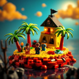 A stop-motion animation scene featuring a whimsical and vibrant small tropical LEGO island